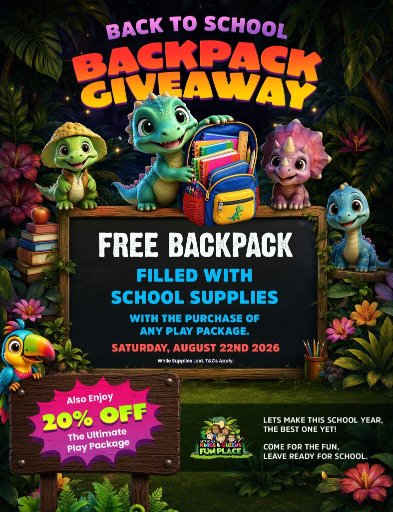Back to School Backpack Giveaway. Free backpack filled with school supplies with the purchase of any play package. Saturday, August 22nd 2026. Also enjoy 20% off the Ultimate Play Package.
